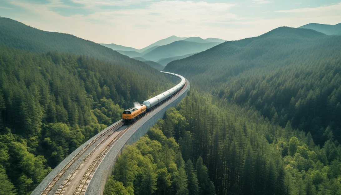 An aerial shot of a train transporting liquefied natural gas (LNG) passing through a scenic landscape, highlighting the importance of safe and reliable rail transportation, taken with a Sony Alpha a7 III.