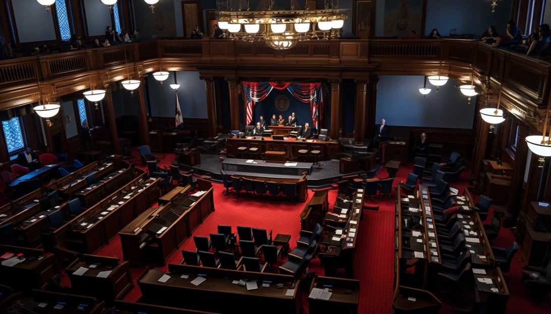 An aerial shot of the House chamber during a heated debate, showcasing the divided caucus, captured with a Sony Alpha a7R IV.