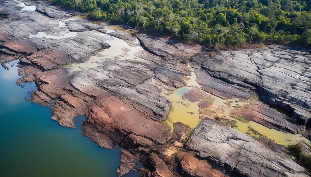 Aerial view of the receding water levels of the Amazon River, revealing the hidden beauty of the ancient rocks, taken with a DJI Mavic Air 2 drone.