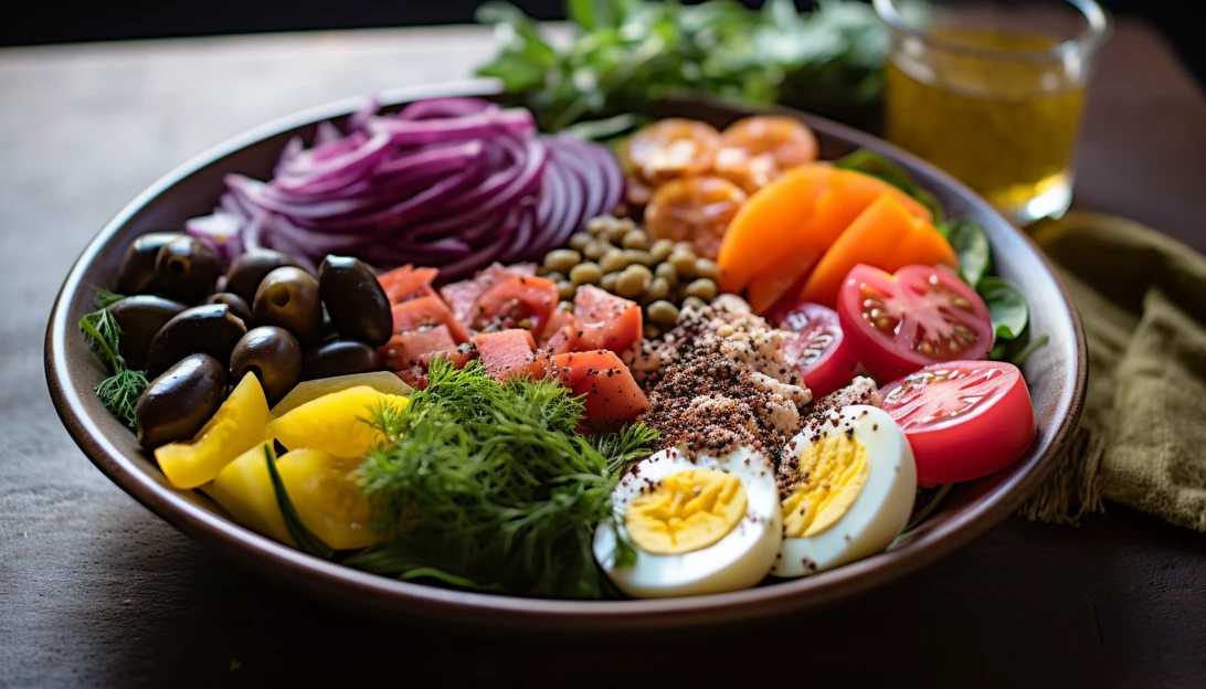 A photo of a colorful plate of heart-healthy Mediterranean diet food, taken with a Canon EOS 5D Mark IV.