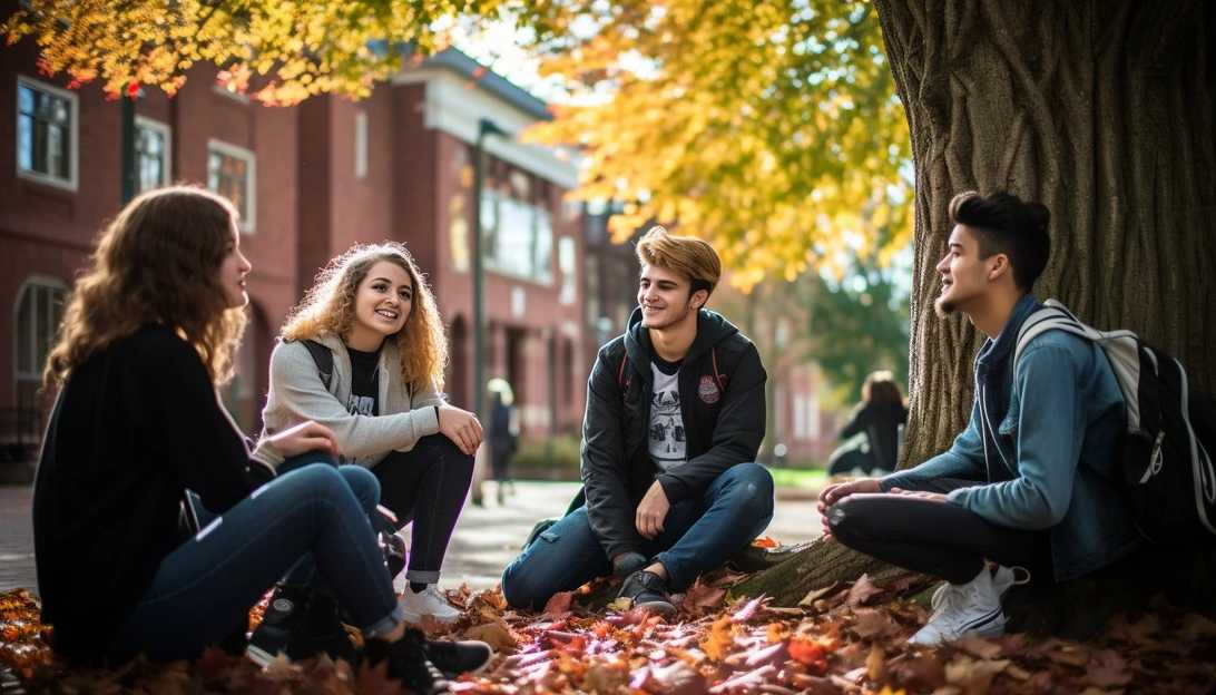 A group of college students engaging in a lively discussion about drug safety on campus, taken with a Nikon D850.