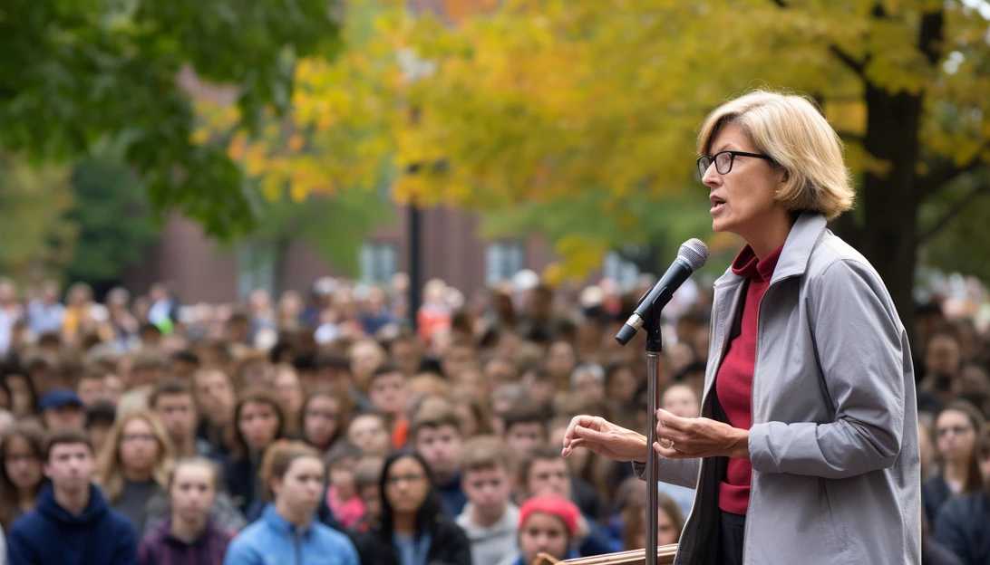 A photo of MIT President Sally Kornbluth addressing the crowd during a campus event, emphasizing the importance of balancing free speech with the prevention of violence and discrimination. [Photo prompt]
