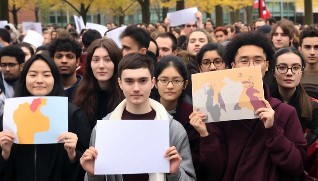 A powerful image showing students holding placards with slogans promoting peace and unity, symbolizing the collective effort to create a safe and inclusive environment at MIT. [Photo prompt]