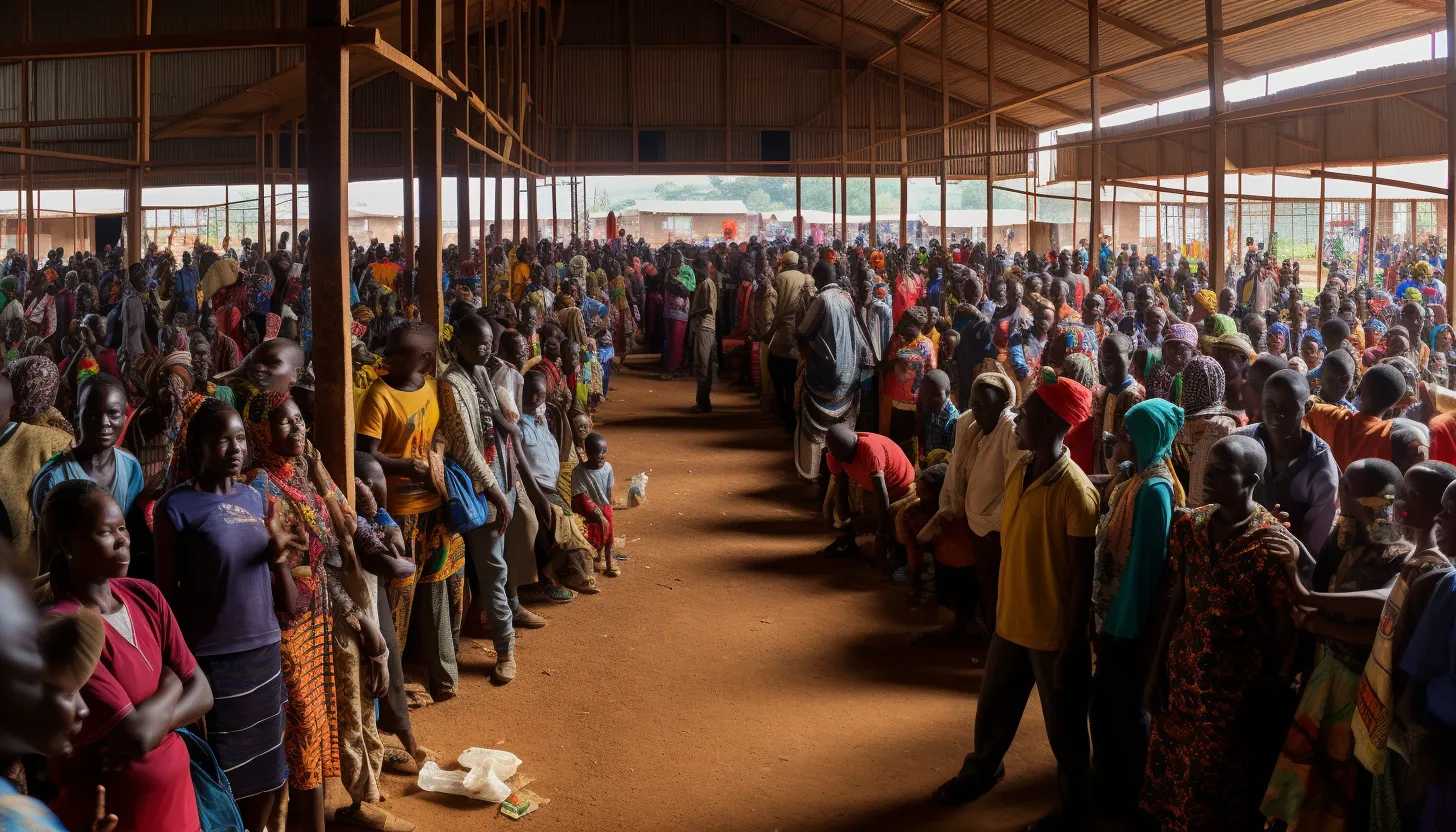 A panoramic view of a crowded polling station, encapsulating the high turnout in the Central African Republic. Citizens cast their votes, suggesting a moment of choice and consequence, captured with Nikon Z 7II.