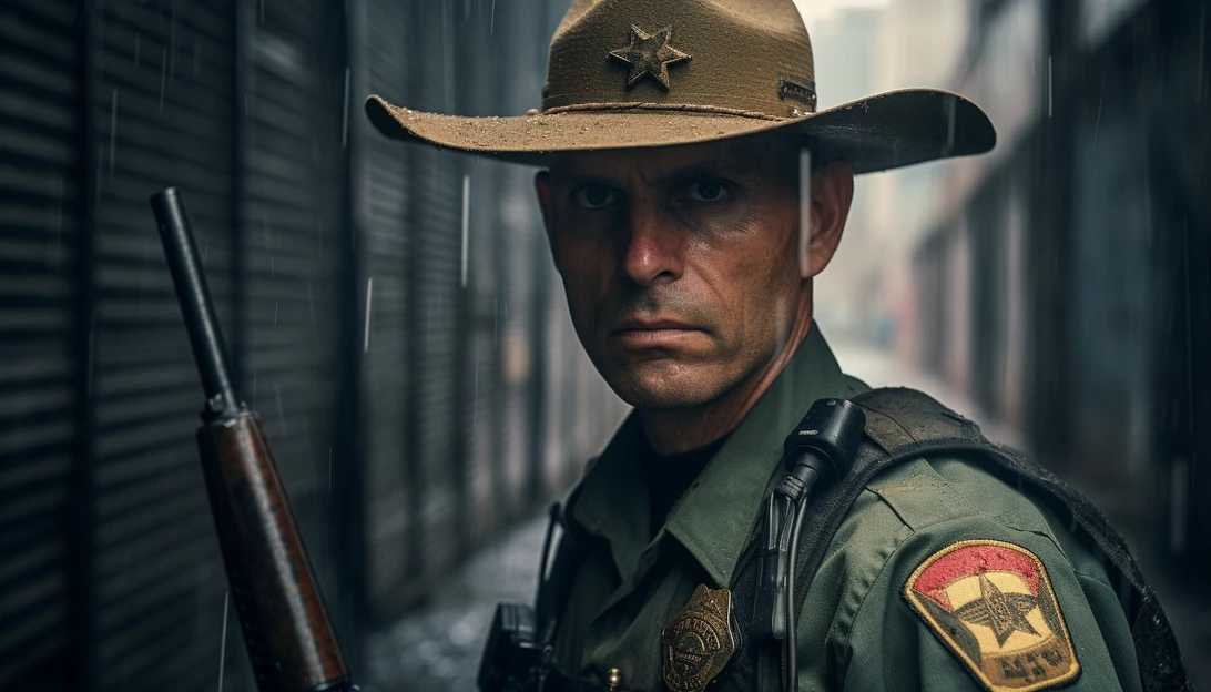 An intense photo of a border patrol agent standing guard at the U.S.-Mexico border, taken with a Canon EOS 5D Mark IV camera.