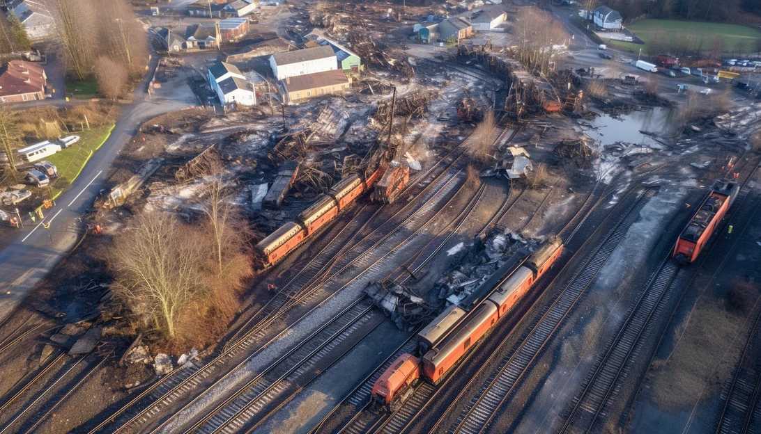 An aerial photograph showcasing the extensive damage caused by the derailment, taken with a DJI Phantom 4 Pro.