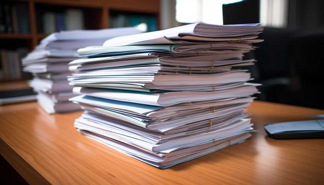 A photo of a stack of financial documents, symbolizing the complexities of managing a financial portfolio, taken with a Canon EOS 5D Mark IV.