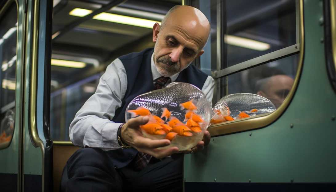 A stunning photo captures a train passenger on the East Coast Main Line in the U.K., carefully balancing a fish tank on a folding table. The image, taken with a Canon EOS Rebel T7i, showcases the extraordinary dedication of this traveler.