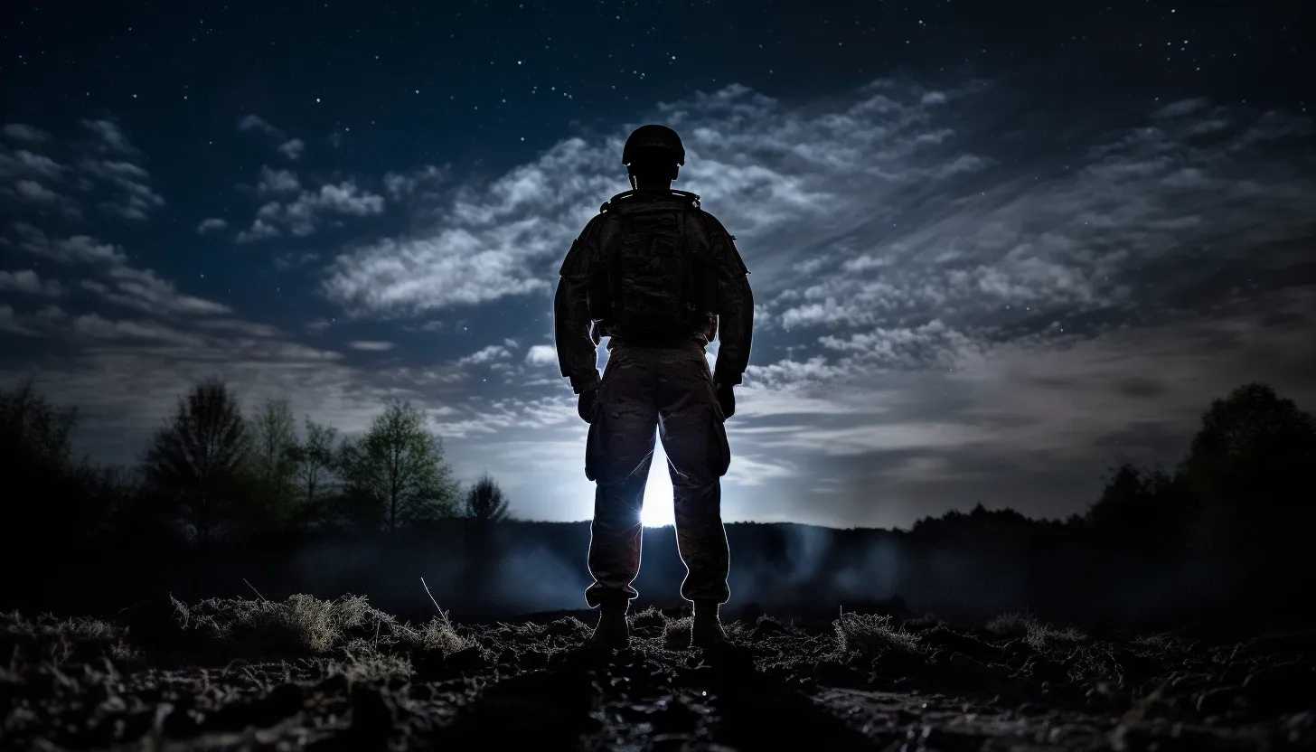 A soldier standing at attention under a moonlit sky, signaling the commencement of nighttime training, taken with a Nikon D850.