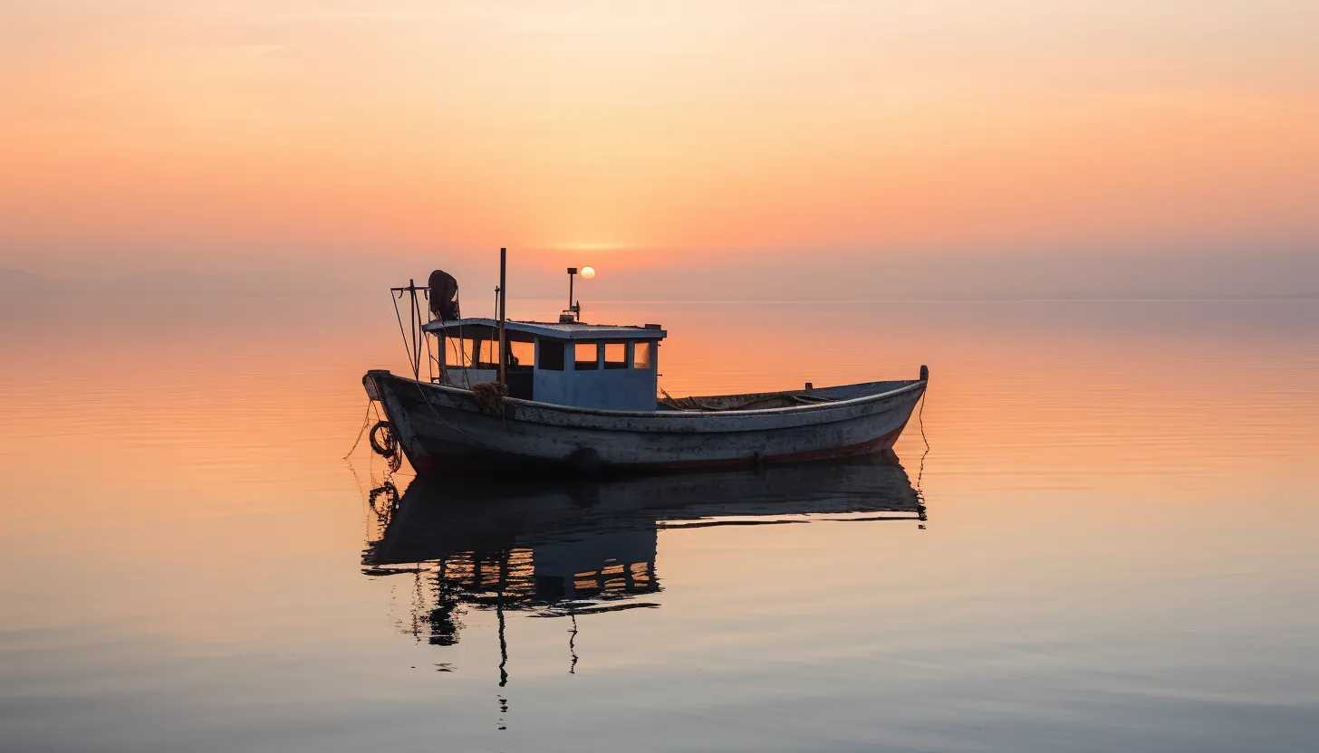 A solemn image of a sole military boat on a calm sea, symbolizing the fateful amphibious vehicle accident, captured using a Sony Alpha 7R IV.