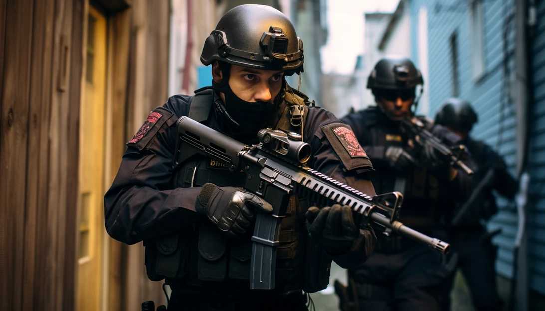 Law enforcement officers conducting a raid on an illicit black market operation, taken with a Sony Alpha a7 III