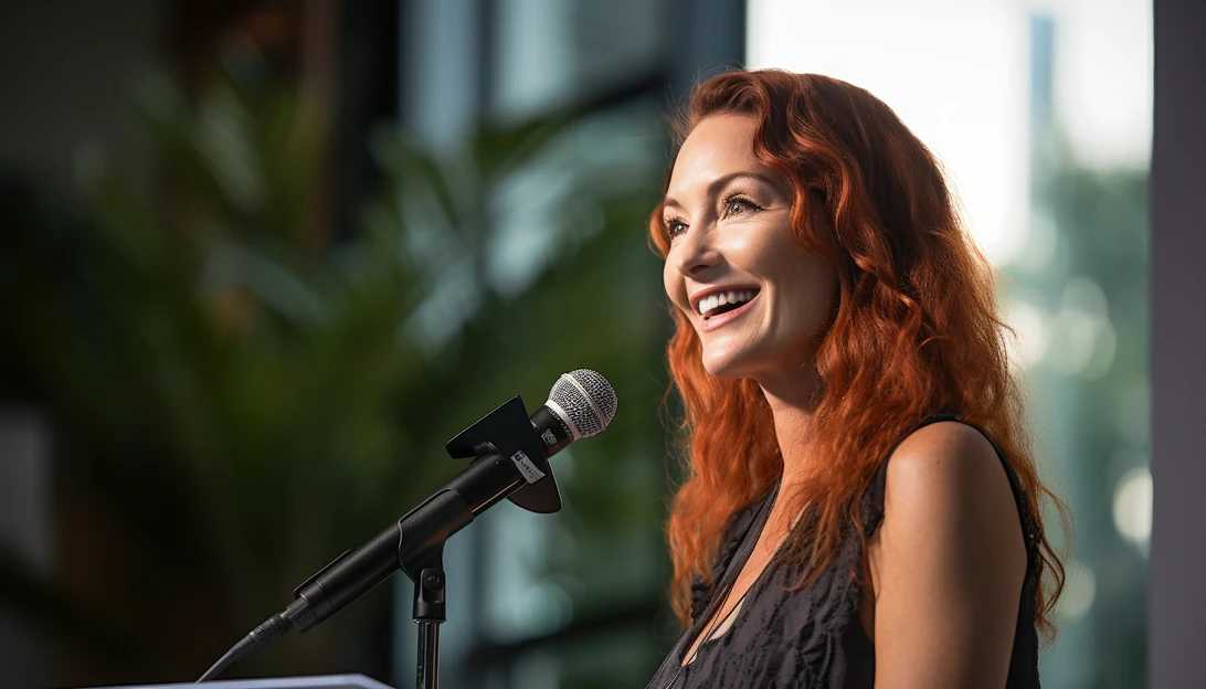 Photo prompt: Amy Yasbeck passionately advocating for aortic health at a foundation event, her dedication and strength shining through. Taken with a Canon EOS R6.