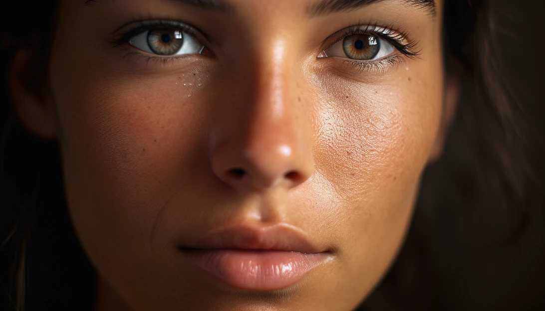 A close-up shot of a woman's face with flawless skin. (Taken with a Nikon D850)
