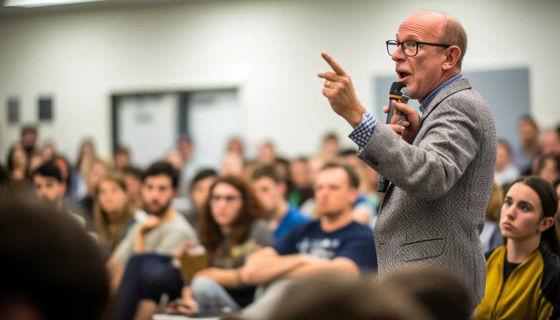 A photo of Jewish professor Stephen Berk passionately addressing a classroom, standing up against antisemitic comments, taken with a Nikon D850.
