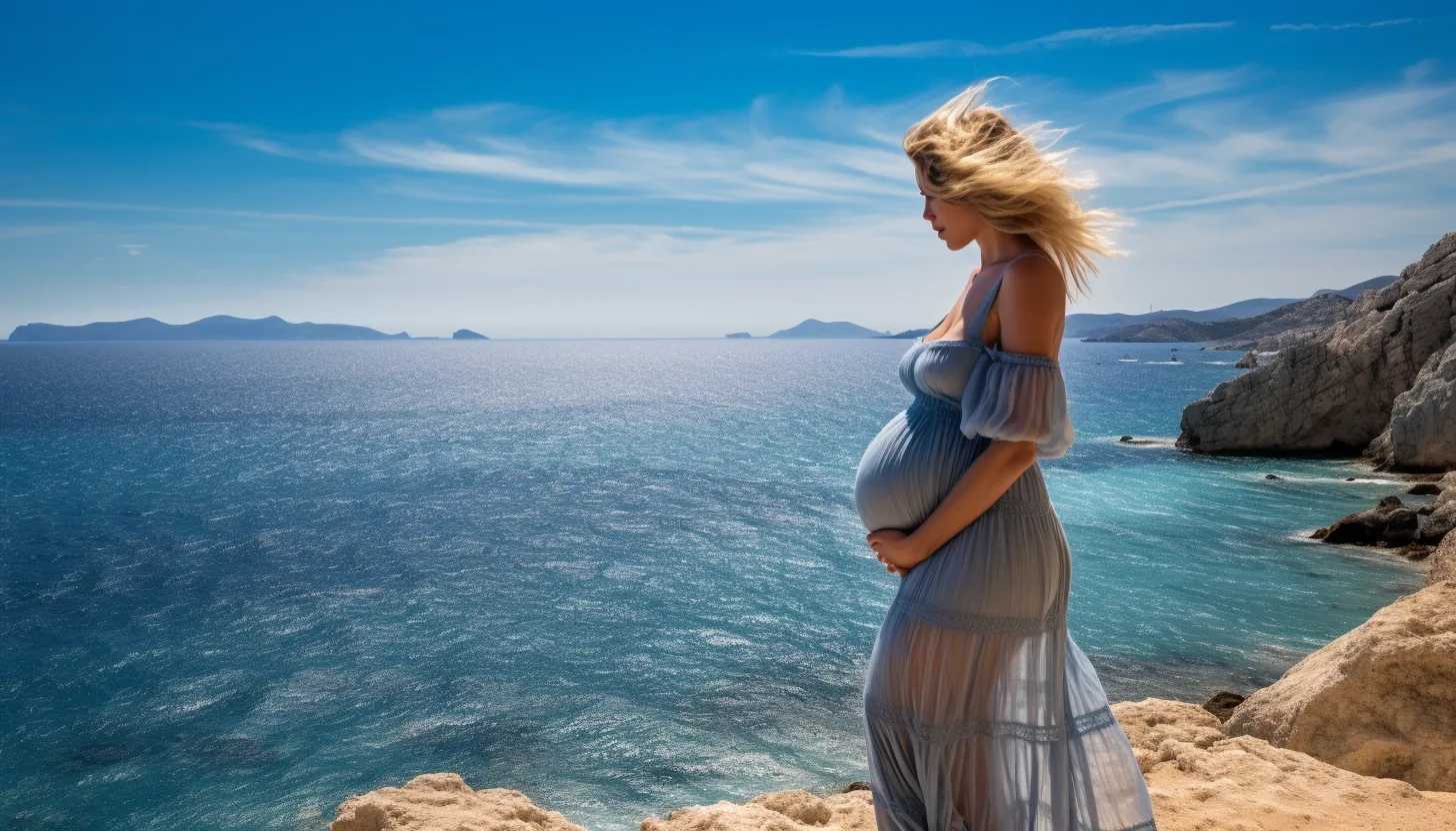A scenic photo of the beautiful Ibiza coastline, displaying the azure sea and sapphire sky, while Sienna Miller joyously parades her baby bump. Taken with a Canon EOS 5D Mark IV.