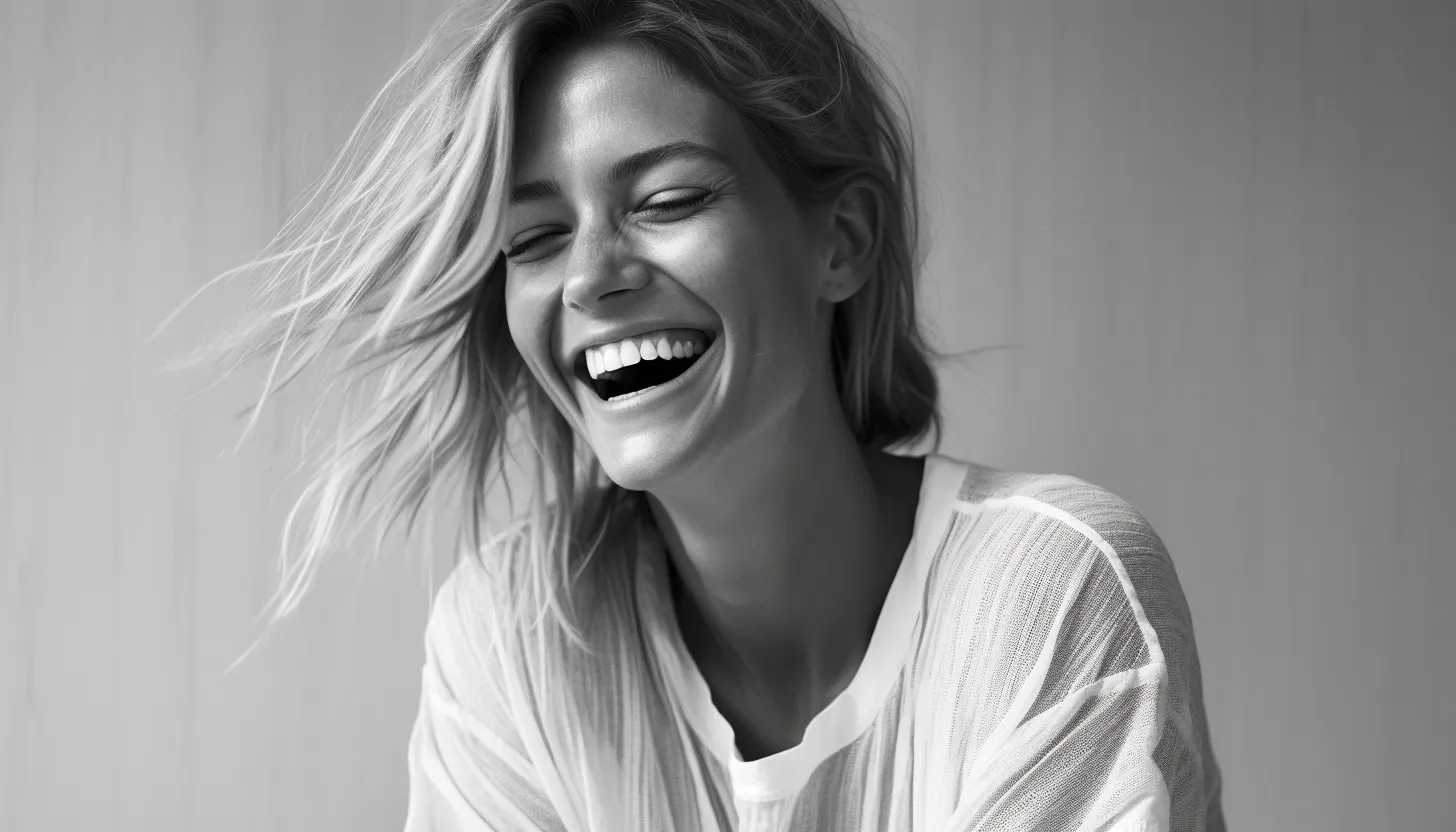A candid photo of Sienna Miller, her radiant smile captivates the viewer, representing her shift in perspective towards motherhood and future, taken during her interview with Elle. Captured using a Nikon D850.