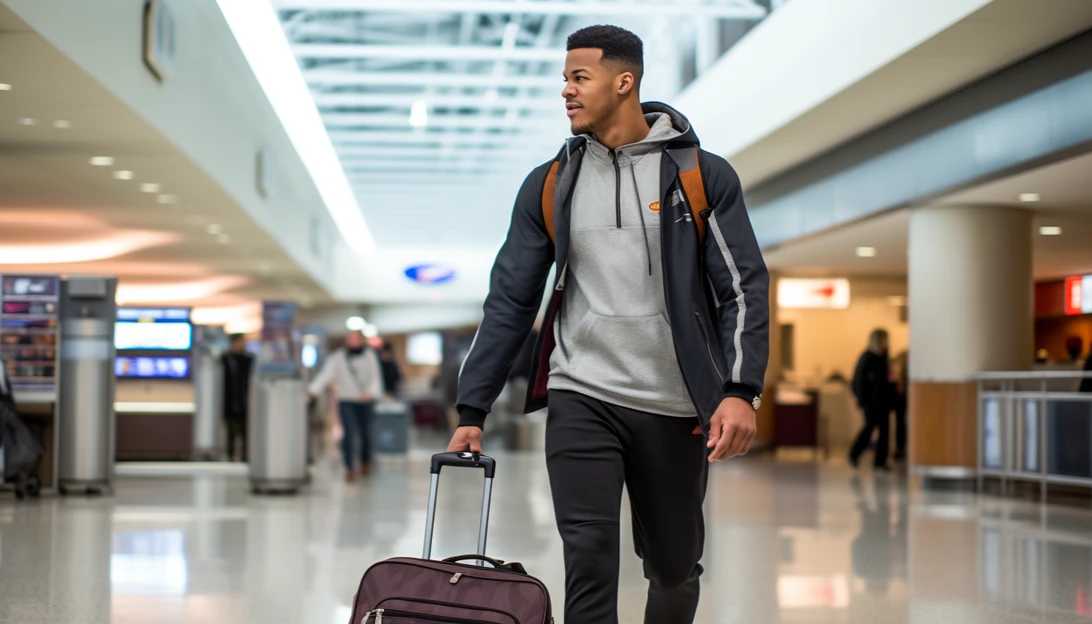 A photo of Josh Dobbs confidently striding through an airport, his carry-on bag in hand, showcasing his efficiency and determination. Taken with a Nikon D850.