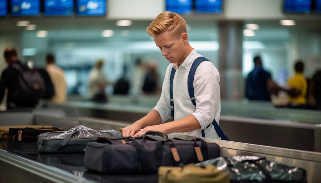 An image capturing Dobbs checking his bags at the airport counter, with a sense of urgency and focus. Taken with a Canon EOS R.