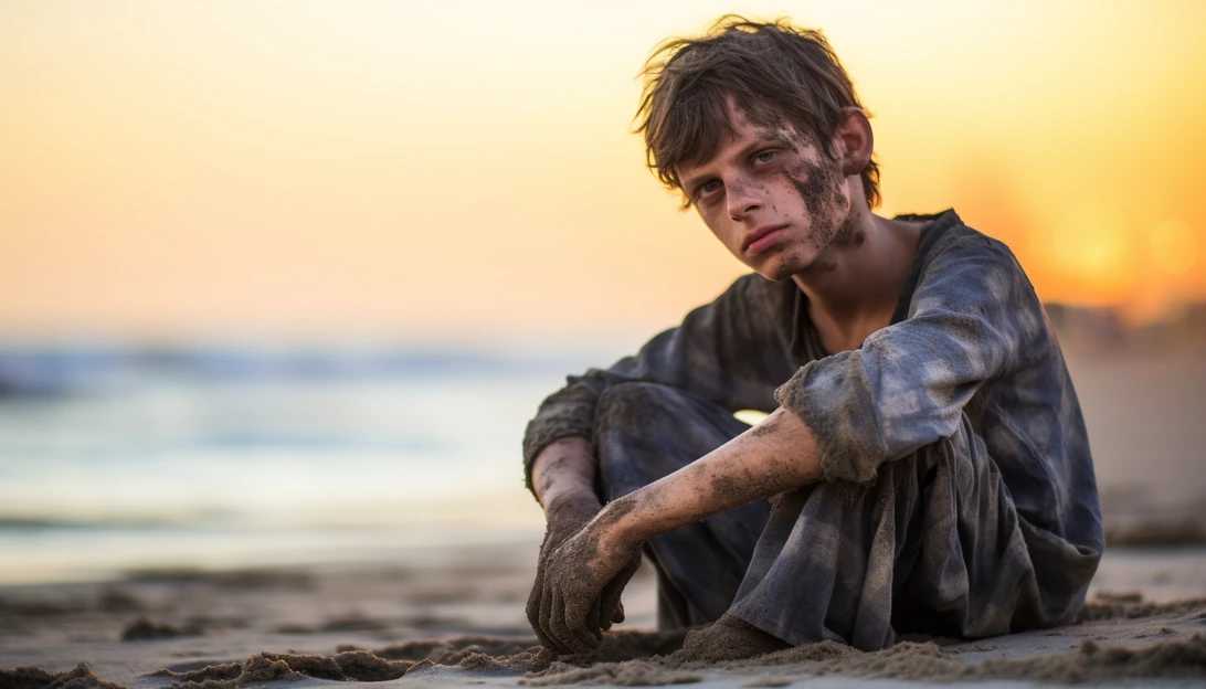 A heartwarming image of Ohad Munder-Zichri, the young Israeli hostage, sitting on a sandy beach in Gaza, his eyes filled with hope and resilience, captured with a Nikon D850.