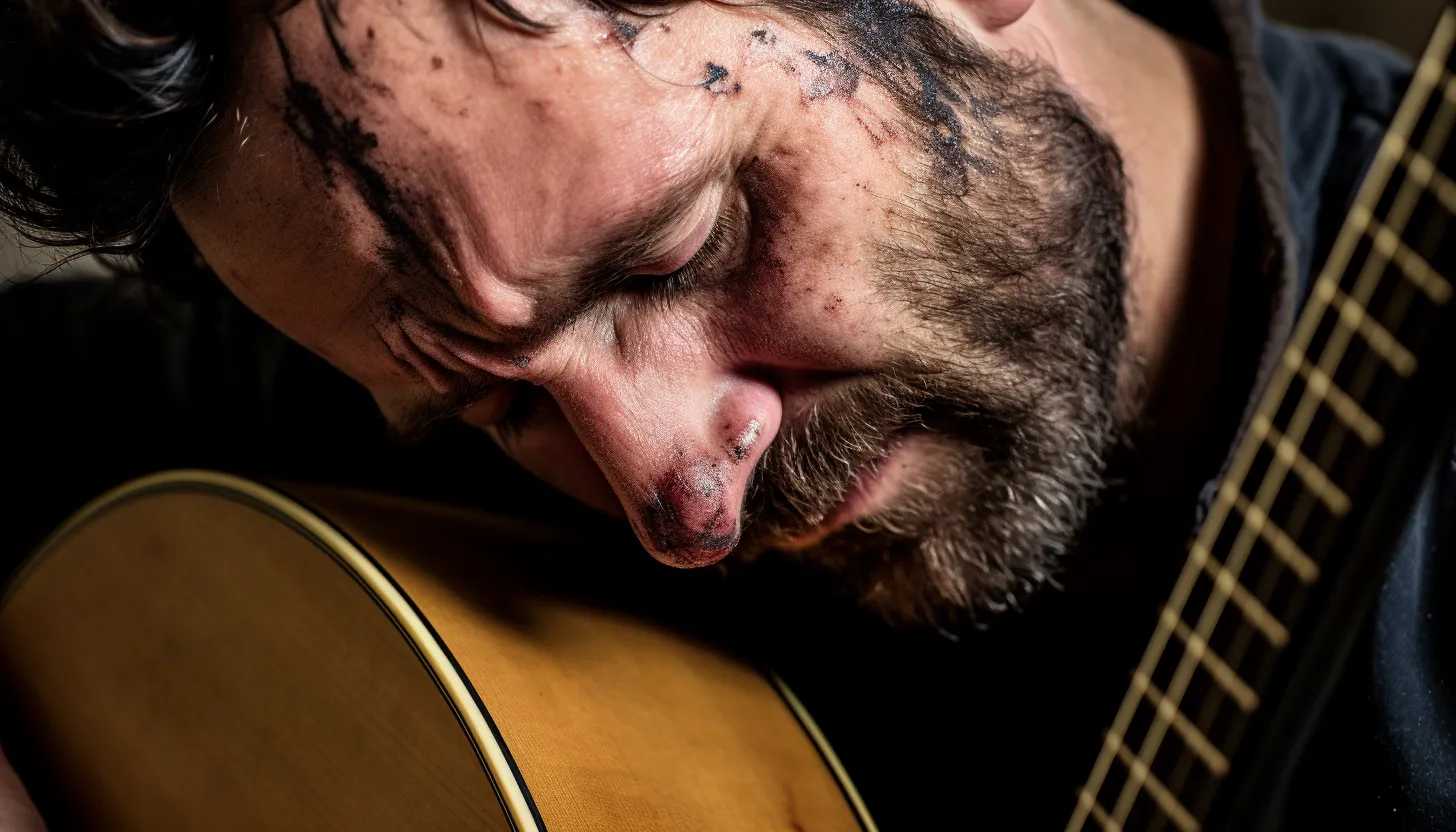 A close-up portrait of Oliver Anthony holding a guitar, the deep lines on his face reflecting years of personal struggle. Taken with a Canon EOS 5D.