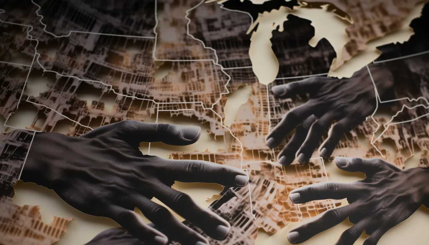 A dramatic representation of division—Hands of different skin tones reaching towards each other, covered by a transparent map of America, reflecting the songs themes of disparity and unity. Taken with a Sony Alpha 7 III.