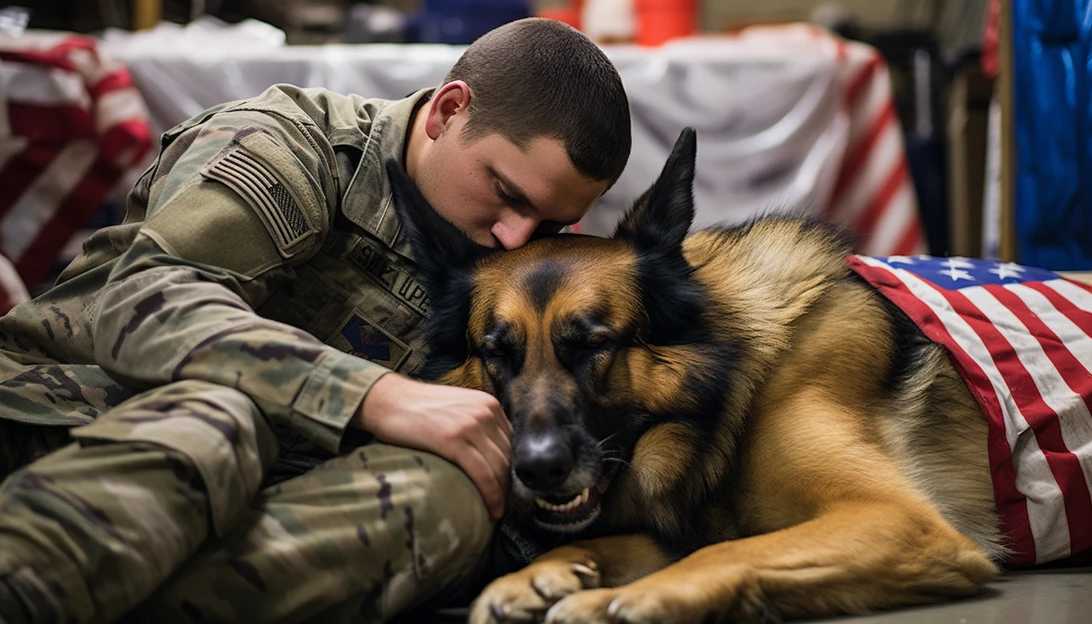 An image of Maverick, the 150-pound therapy dog, comforting a service member at the USO base in Missouri. [Taken with Canon EOS 5D Mark IV]