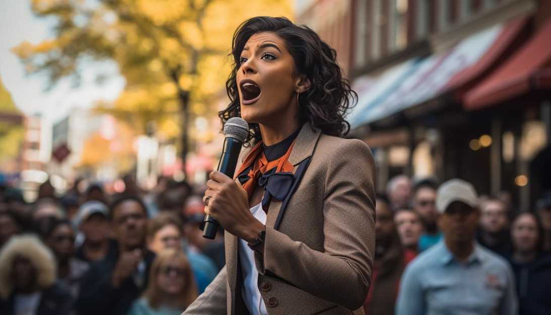 A powerful photograph depicting the campaign trail of Cherelle Parker, the mayor-elect of Philadelphia, passionately addressing the crowd and promising to tackle the city's drug epidemic, taken with a Sony Alpha A7R III.