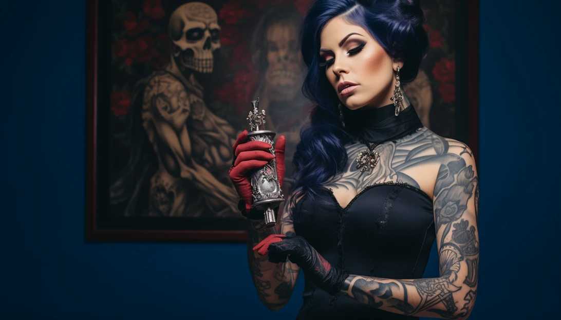 A photo of Kat Von D holding a tattoo machine, taken with a Canon EOS R5.