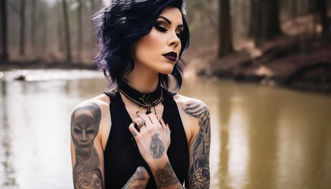 An image of Kat Von D standing by a river in Indiana after joining a Baptist church, taken with a Sony A7 III.