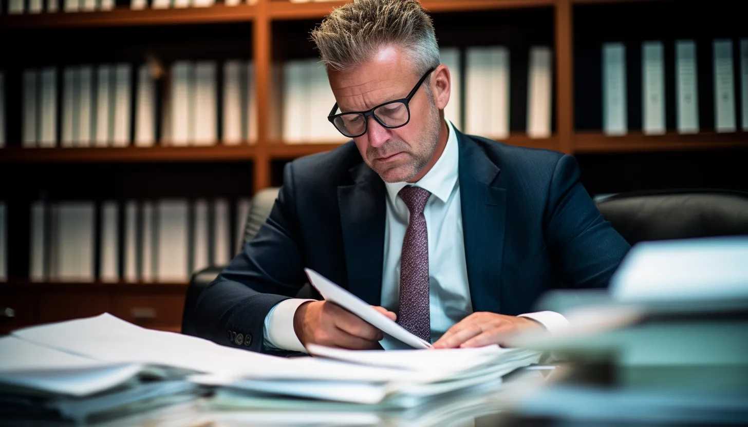 A dynamic portrait of IBM Chief Commercial Officer, Rob Thomas, in a well-lit office, deeply immersed in reviewing documents - Taken with Nikon D850