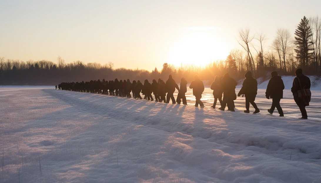 An image captured with a Nikon D850 showing a line of migrants crossing the U.S.-Canada border, symbolizing the surge in encounters at the northern border.