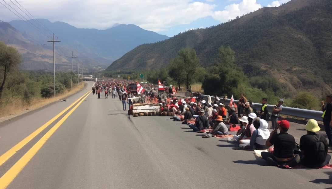 An image of the protesters blocking the road on the Pan-American Highway. The photo shows a group of demonstrators with banners and signs, advocating against the government mining contract.