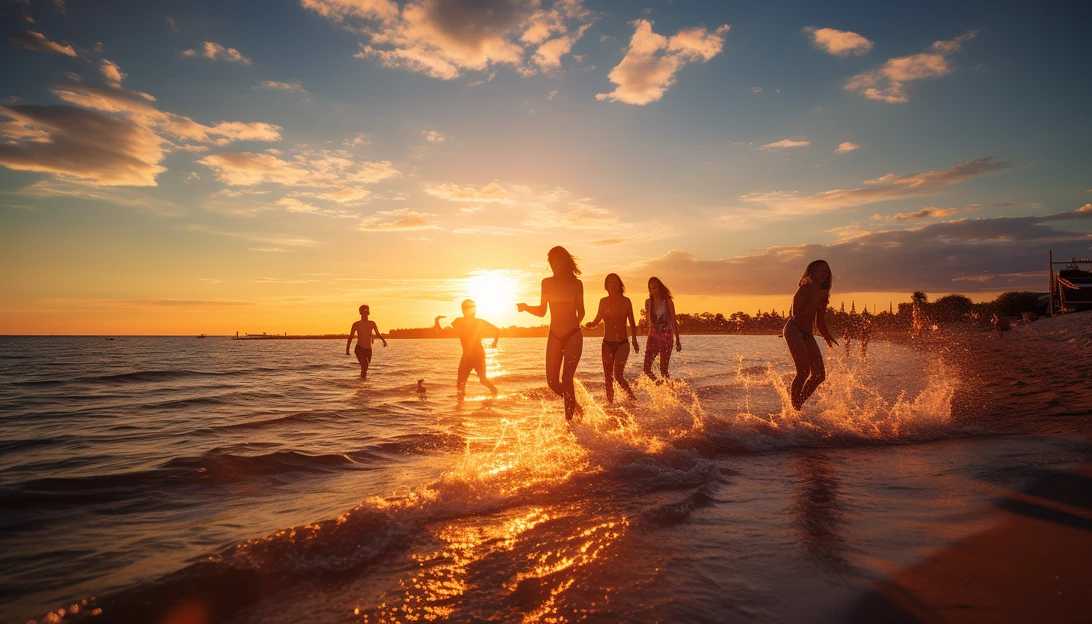 A group of happy vacationers enjoying the sun-kissed beaches of Tampa, captured with a professional-grade Canon EOS 5D Mark IV.
