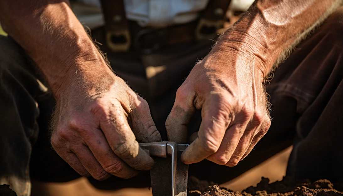 A close-up shot of a white settler's hands holding a plow while working on a farm in Minnesota. [taken with Nikon D850]