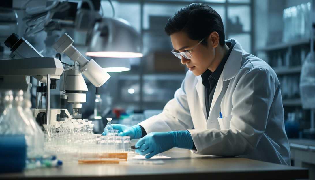 An image of a laboratory technician conducting a genetic mutation test, taken with a Sony A7 III.