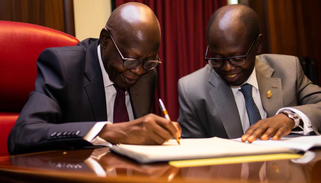 A photo of Nigerian President Bola Tinubu signing the supplementary budget, taken with a Nikon D850.