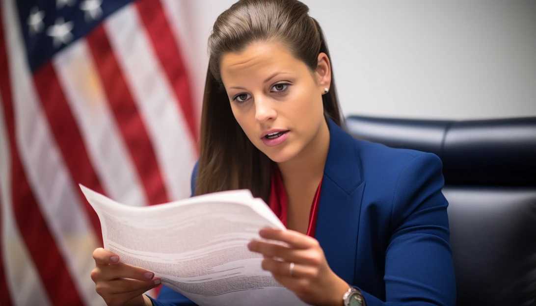 A photo of Rep. Elise Stefanik holding a letter, expressing her concerns about bias and bizarre behavior by Judge Arthur Engoron, taken with a Nikon D850.