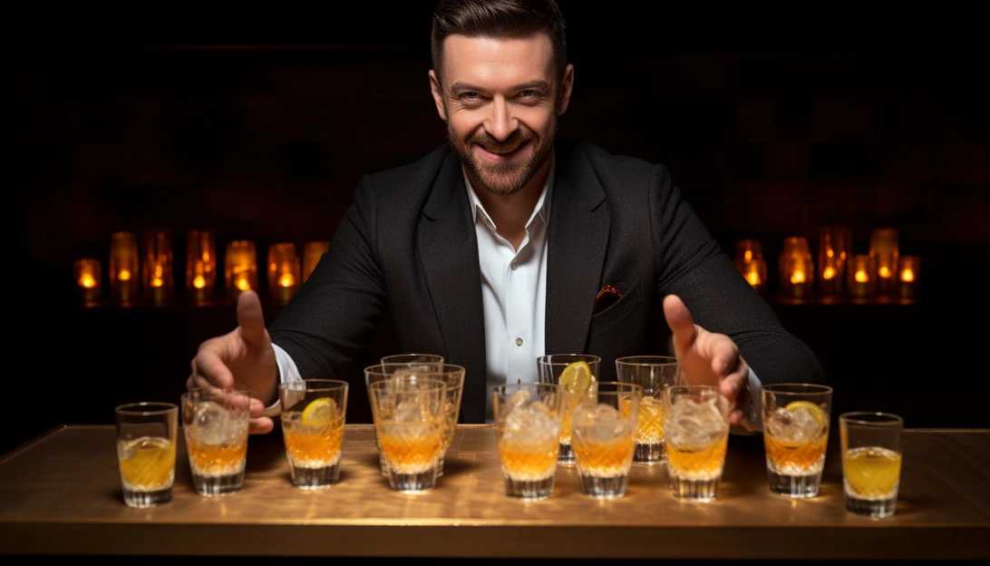 Singer and actor Justin Timberlake proudly showcasing his own line of agave-based spirits, posing with a bottle of his tequila, taken with a Canon EOS R6.