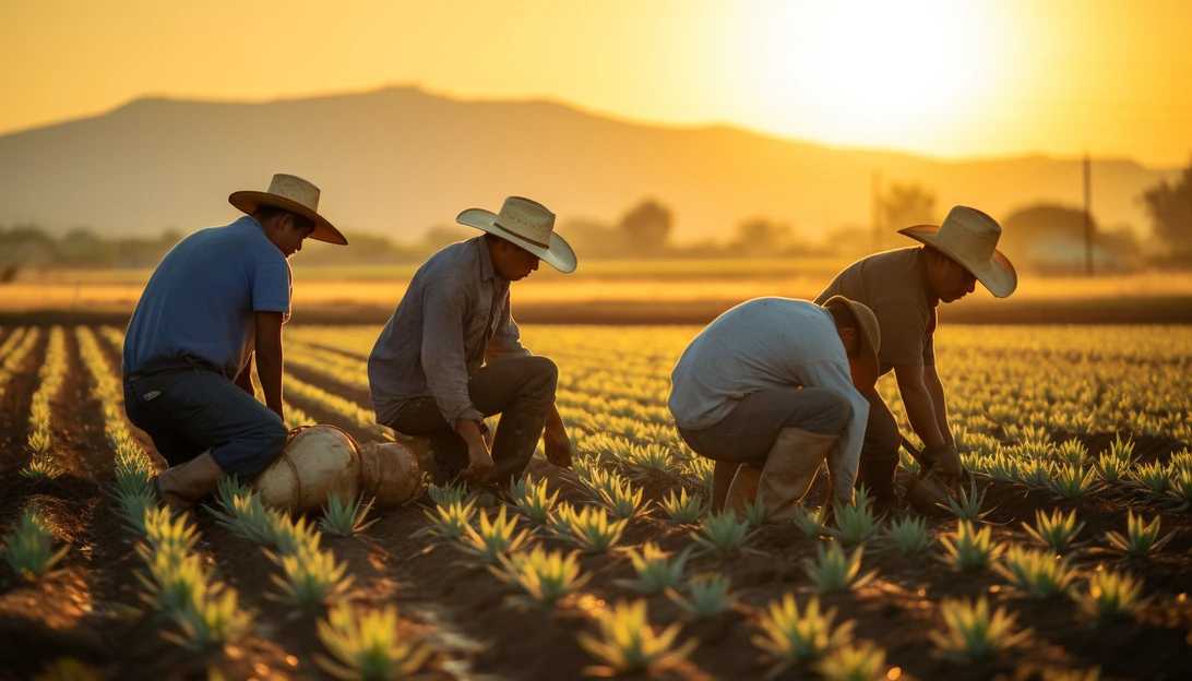 A group of skilled agave farmers in California tending to their crops under the scorching sun, captured with a Sony A7 III.