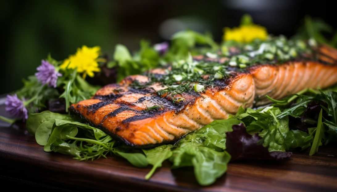 A close-up photo of a deliciously grilled salmon fillet served on a bed of leafy greens, taken with a Canon EOS 5D Mark IV.