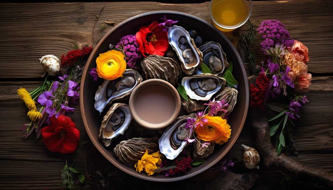 An artistic shot of a plate filled with an assortment of fresh oysters, beautifully arranged on a rustic wooden table, taken with a Nikon D850.