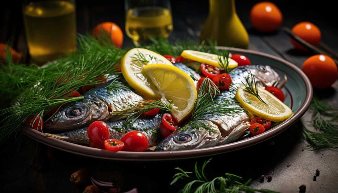 A vibrant image of a colorful dish featuring sardines, tomatoes, and herbs, garnished with a squeeze of lemon, taken with a Sony Alpha a7R III.