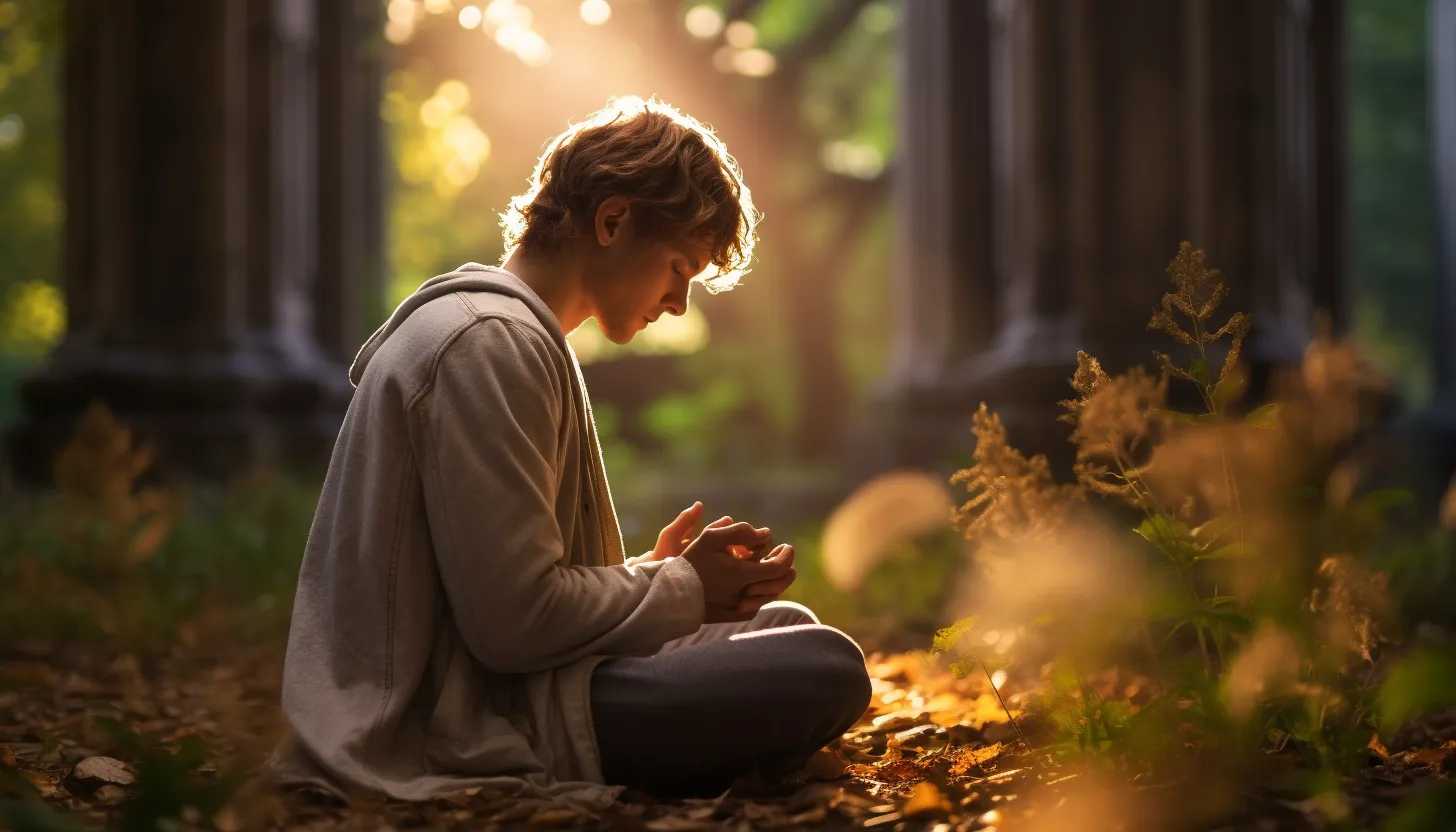 A young adult engrossed in prayer in a quiet corner of a university campus, capturing the serene atmosphere around them. Image taken with a Canon EOS 5D Mark IV DSLR.