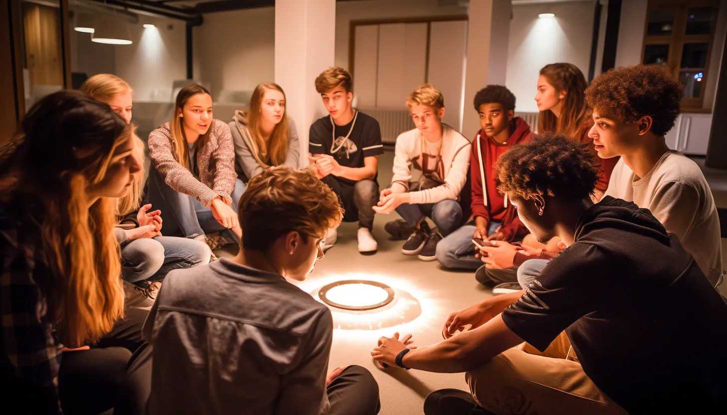 A group of college students sitting in a circle, each engrossed in their own devices, showcasing their unique encounter with the Hallow application. Image captured with a Sony A7R III mirrorless.