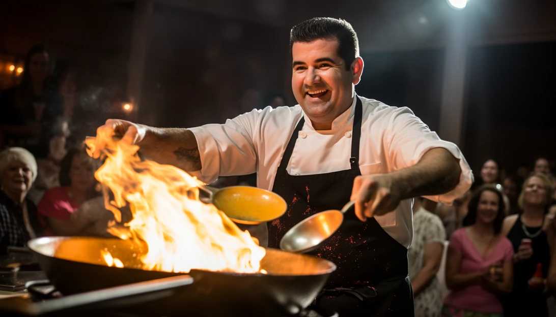 A photo of Buddy Valastro conducting a cooking demonstration on his show 'Legends of the Fork,' captured with a Nikon D850.