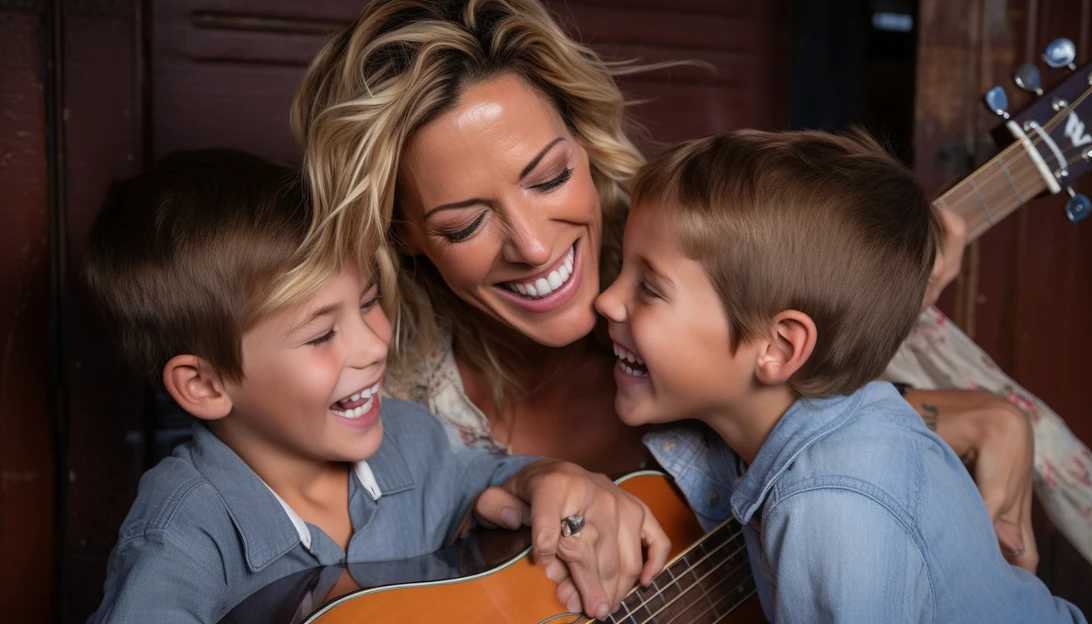 Sheryl Crow embracing her children, Wyatt and Levi, with a smile of pure joy on her face. Photo taken with a Sony A7 III.