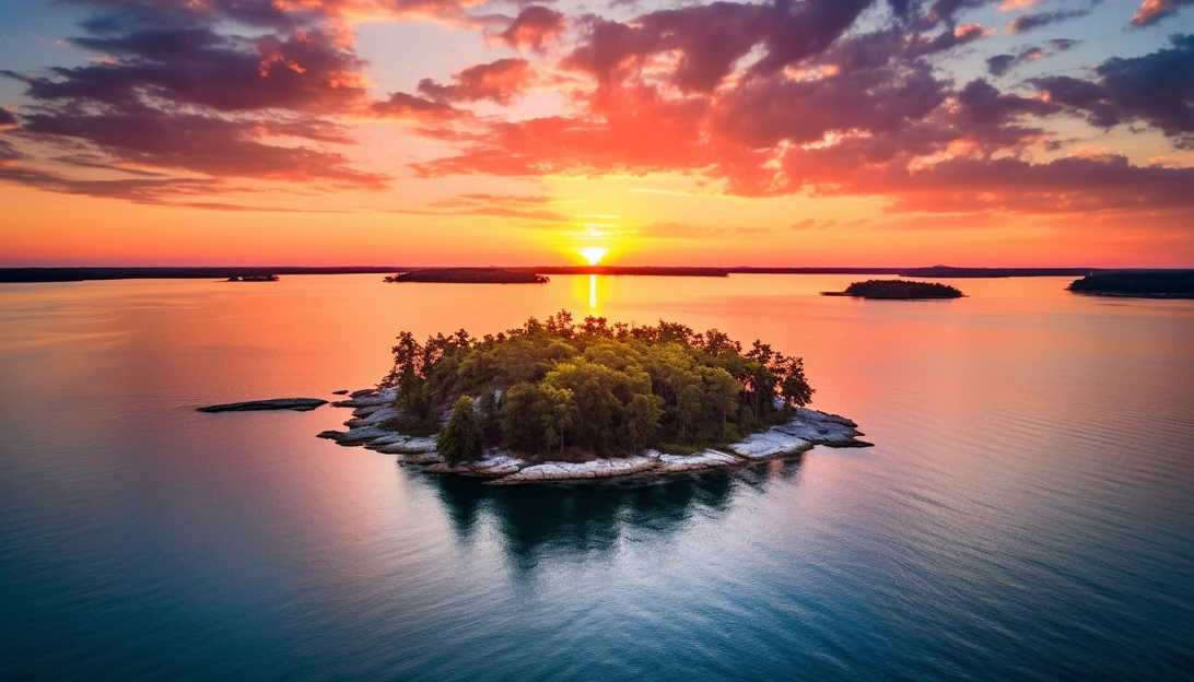 Sweetheart Island, the private island purchased by Patrick Parker Walsh with stolen COVID-19 relief funds, captured from a drone in the breathtaking sunset. (Photo taken with DJI Phantom 4 Pro)