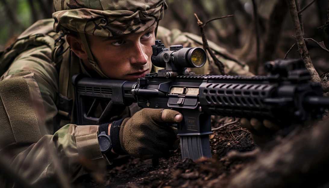 A poignant photograph capturing a soldier's intense focus as he trains for duty, taken with a Sony Alpha a7 III.