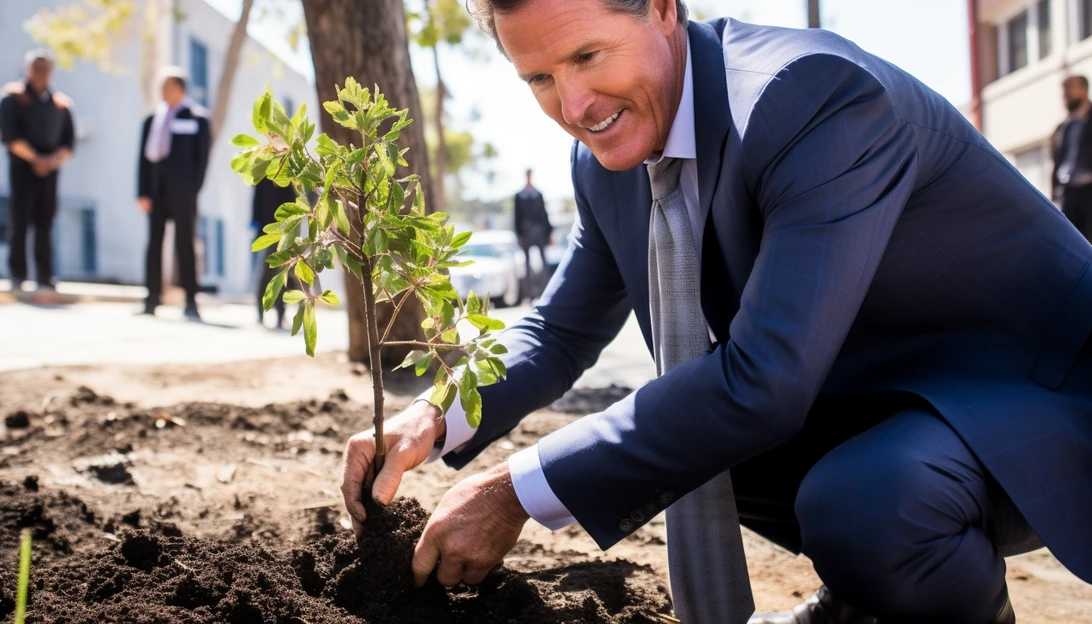 A photo of California Governor Gavin Newsom planting a tree in one of the newly renovated urban neighborhoods, taken with a Sony Alpha A7R III.