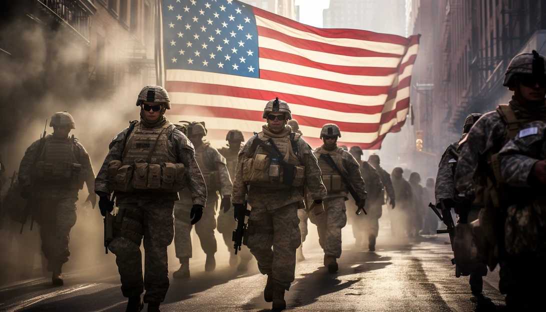 A powerful image of American soldiers marching forward in unity and determination, ready to deliver justice after the 9/11 attacks, taken with a Nikon D850.